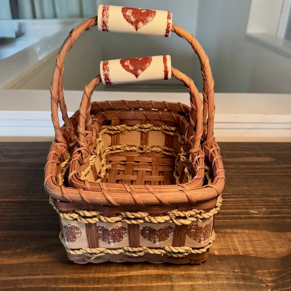 Vintage Cottagecore Wicker Basket Set Heart Glass Handle Holder Grannycore Decor